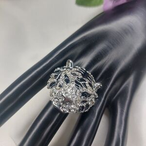 Silver Black Tiger Ring Rhinestone Crystals Adjustable Size 8 EUC
